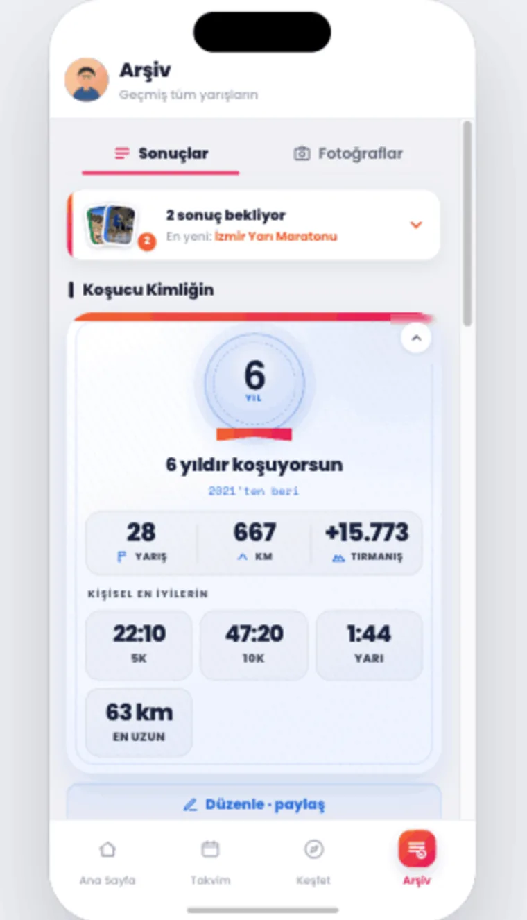 Runchron yarış arşivi ekranı