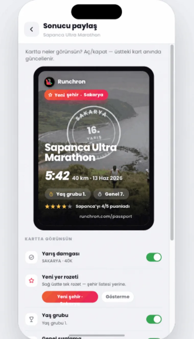 Runchron yarış sonucu paylaşım ekranı